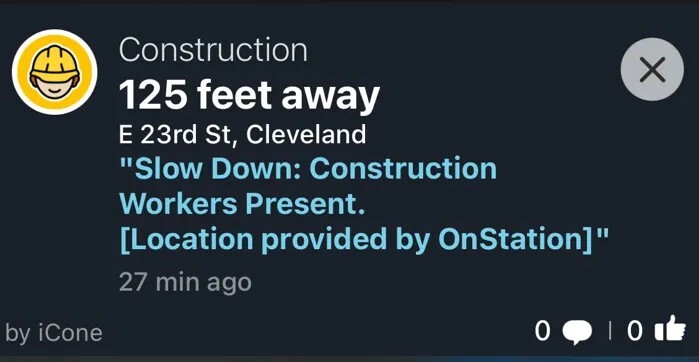 A driver's screen showing the Active Worksite alert with Location provided by OnStation in Waze